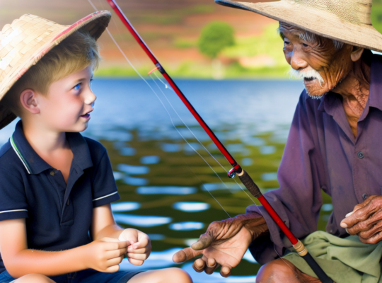 old fsherman give tip to child how to fishing