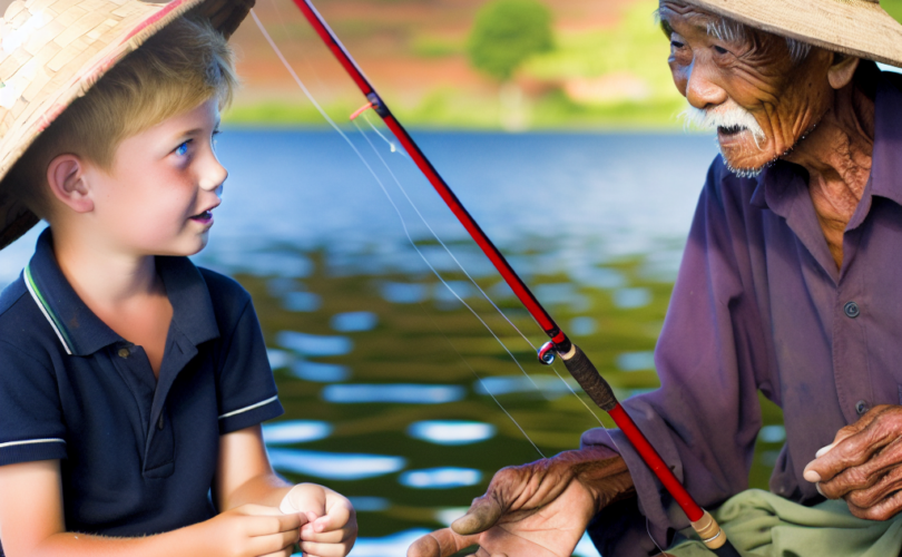 old fsherman give tip to child how to fishing